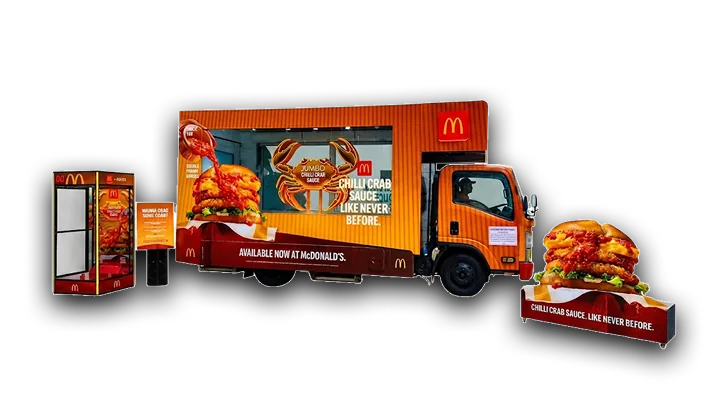 McDonald’s chilli crab burger mobile LED advertising truck with branded display stands