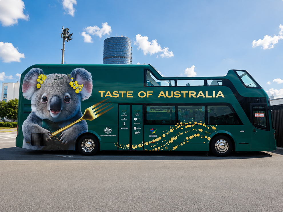 Taste of Australia branded open-top bus, an example of mobile vehicle advertising