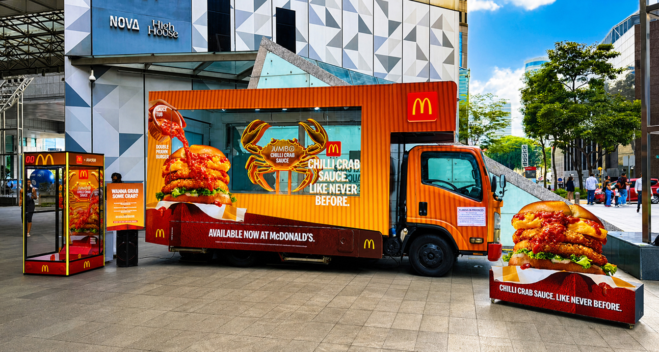 McDonald’s experiential truck activation with giant burger displays outside a Singapore mall