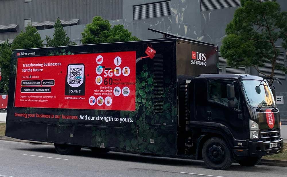 DBS SME Banking mobile LED advertising truck with a QR code campaign on a Singapore road