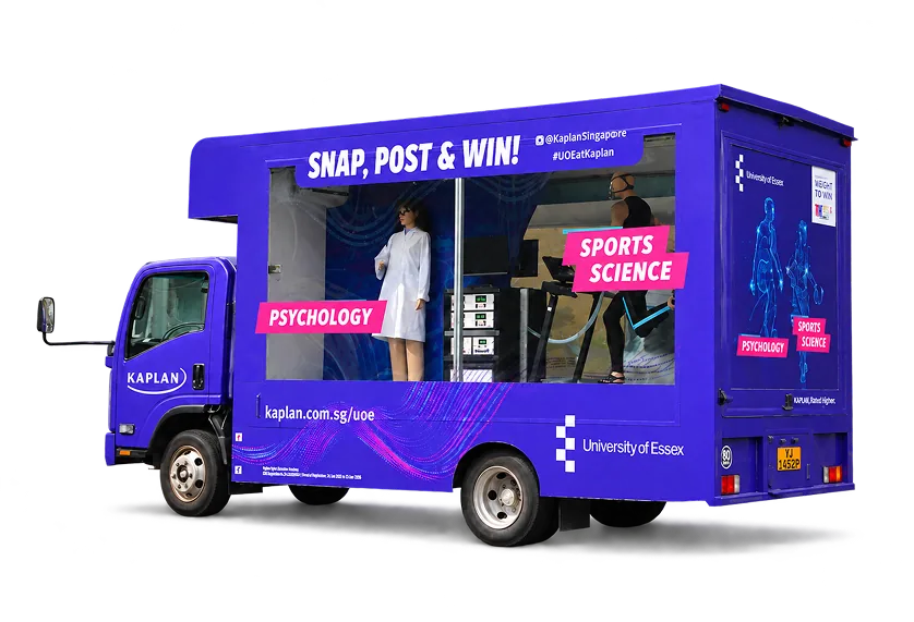 Kaplan Singapore branded advertising lorry with a live demonstration stage