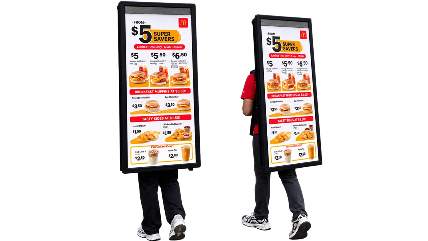Two PosterWalker™ talents carrying McDonald’s $5 Super Savers digital displays